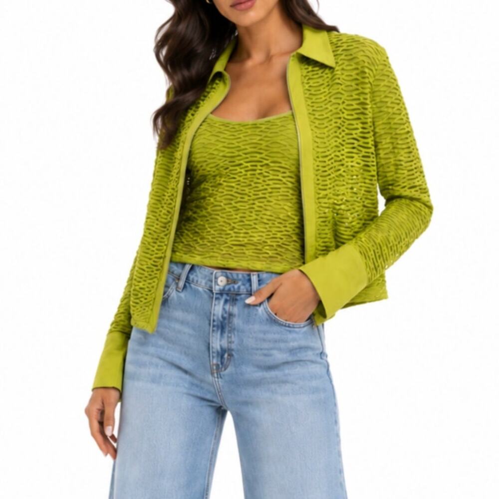Vintage Y2K Fellow Paris Lime Green Tank Jacket Set Medium Chartreuse
